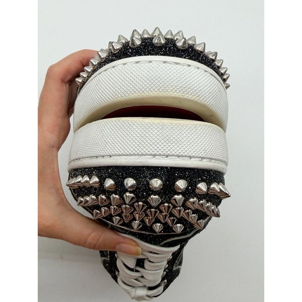 Christian Louboutin Vieira 2 Low Top Sneaker Black Glitter Silver Spikes EU 41 - Picture 13 of 15